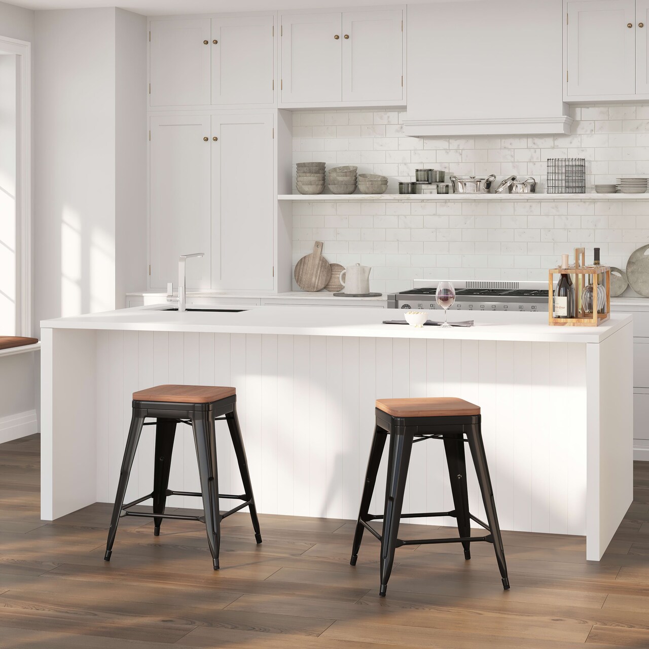 Merrick Lane Dalton Series Backless Metal Dining Stool with Wooden Seat for Indoor Use